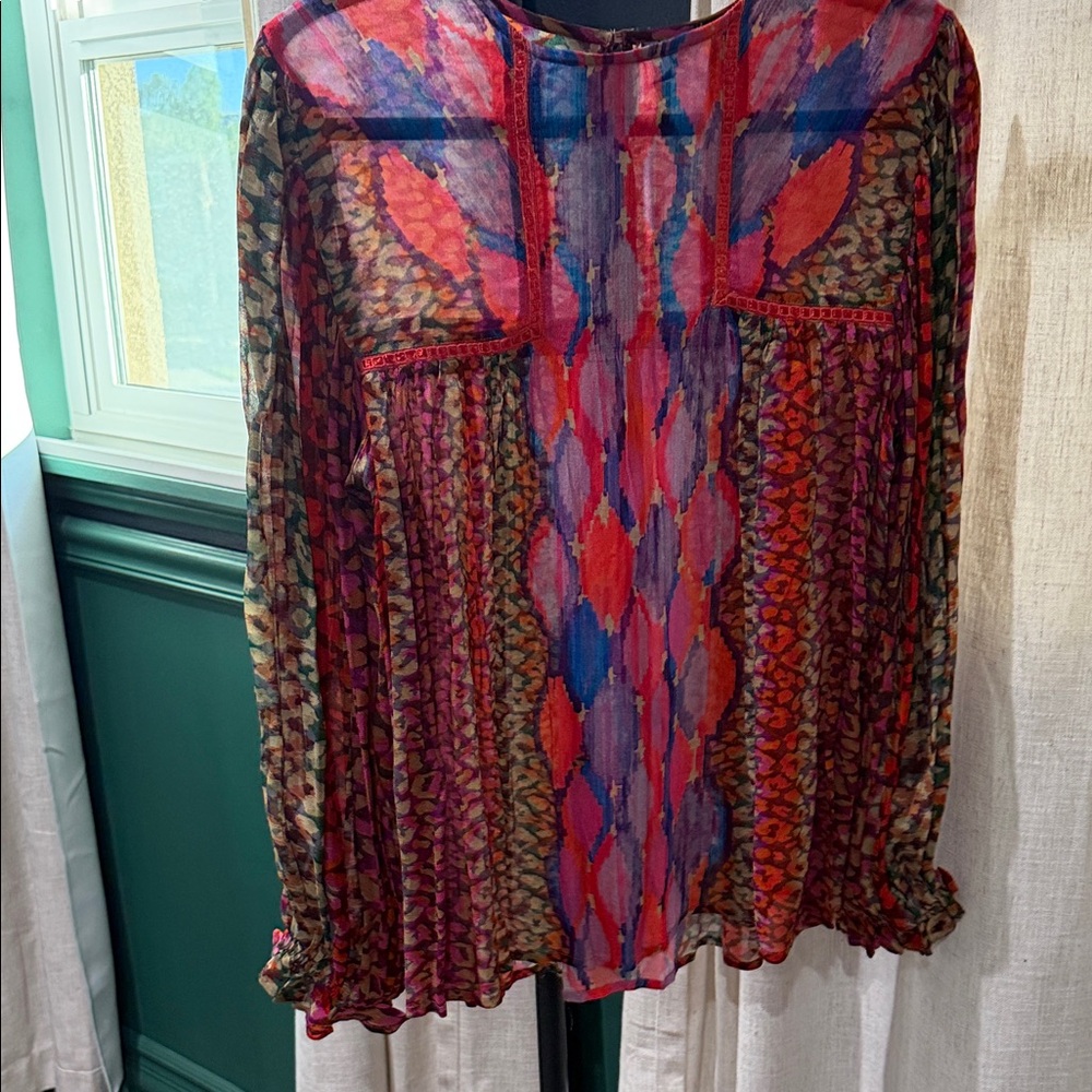 Anthropologie Red and Blue Patterned Blouse